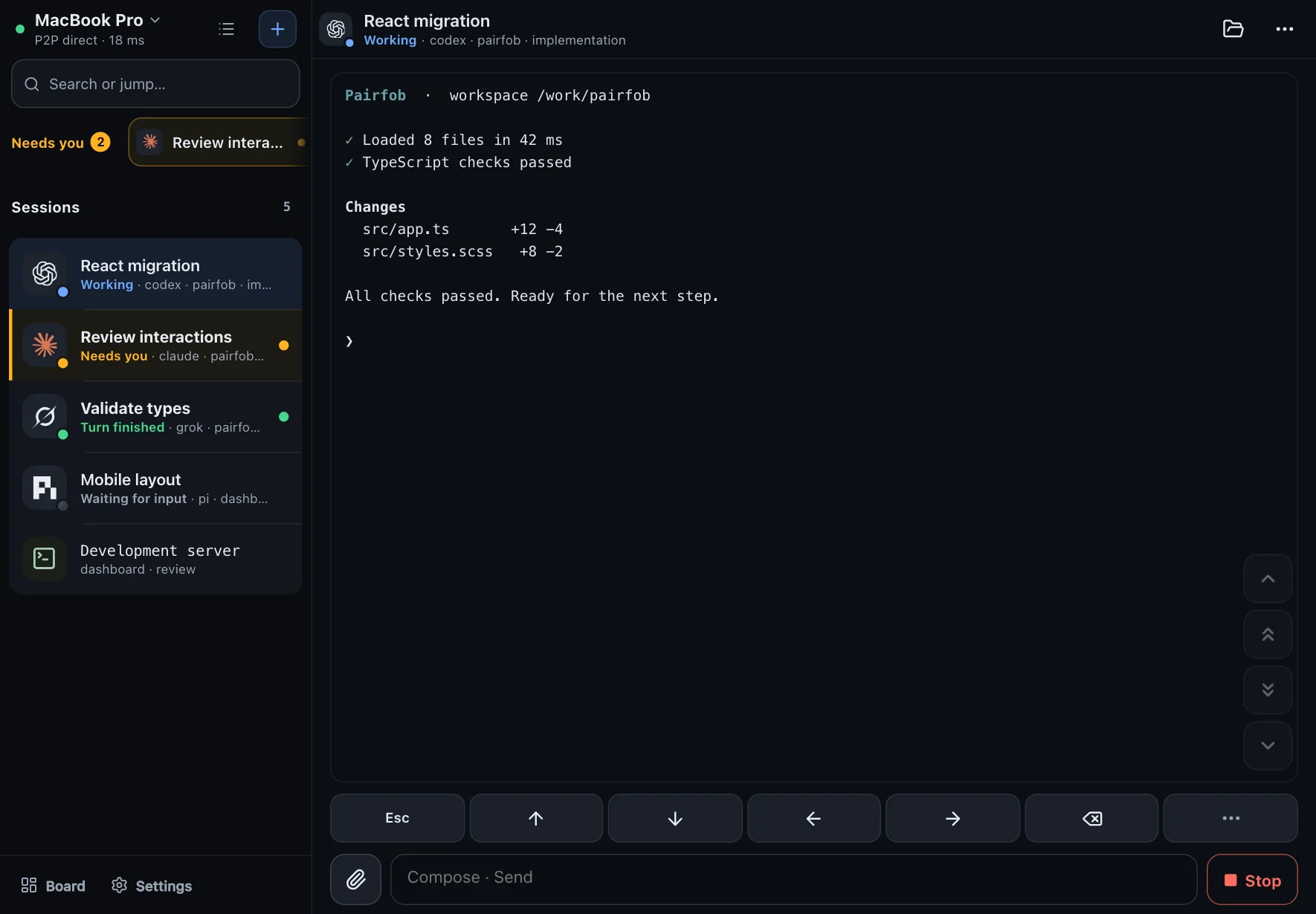 Remote on a tablet in landscape: the session list beside the terminal