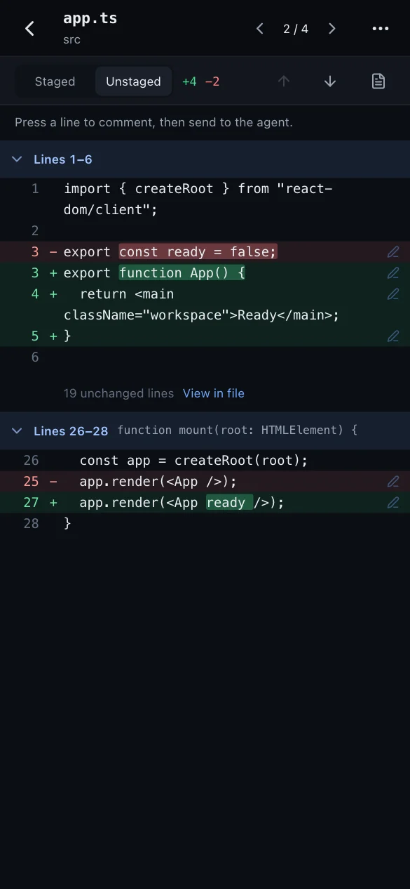 Diff of an uncommitted change in src/app.ts